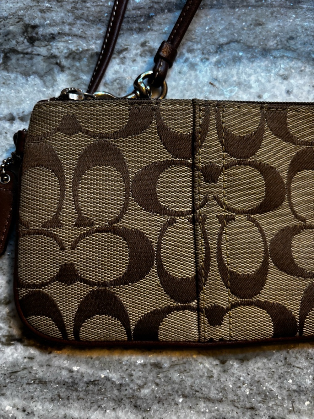 Coach Brown Tan Jacquard Signature Canvas Wristlet with Leather Trim - Picture 2 of 7
